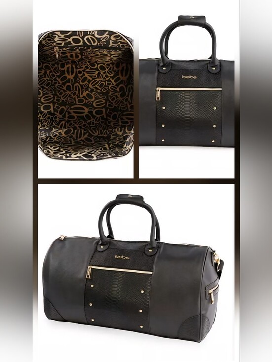 bebe Handbags - Bebe | Ellisa 22" Weekend Travel Duffel Bag | Black & Gold Faux Snakeskin